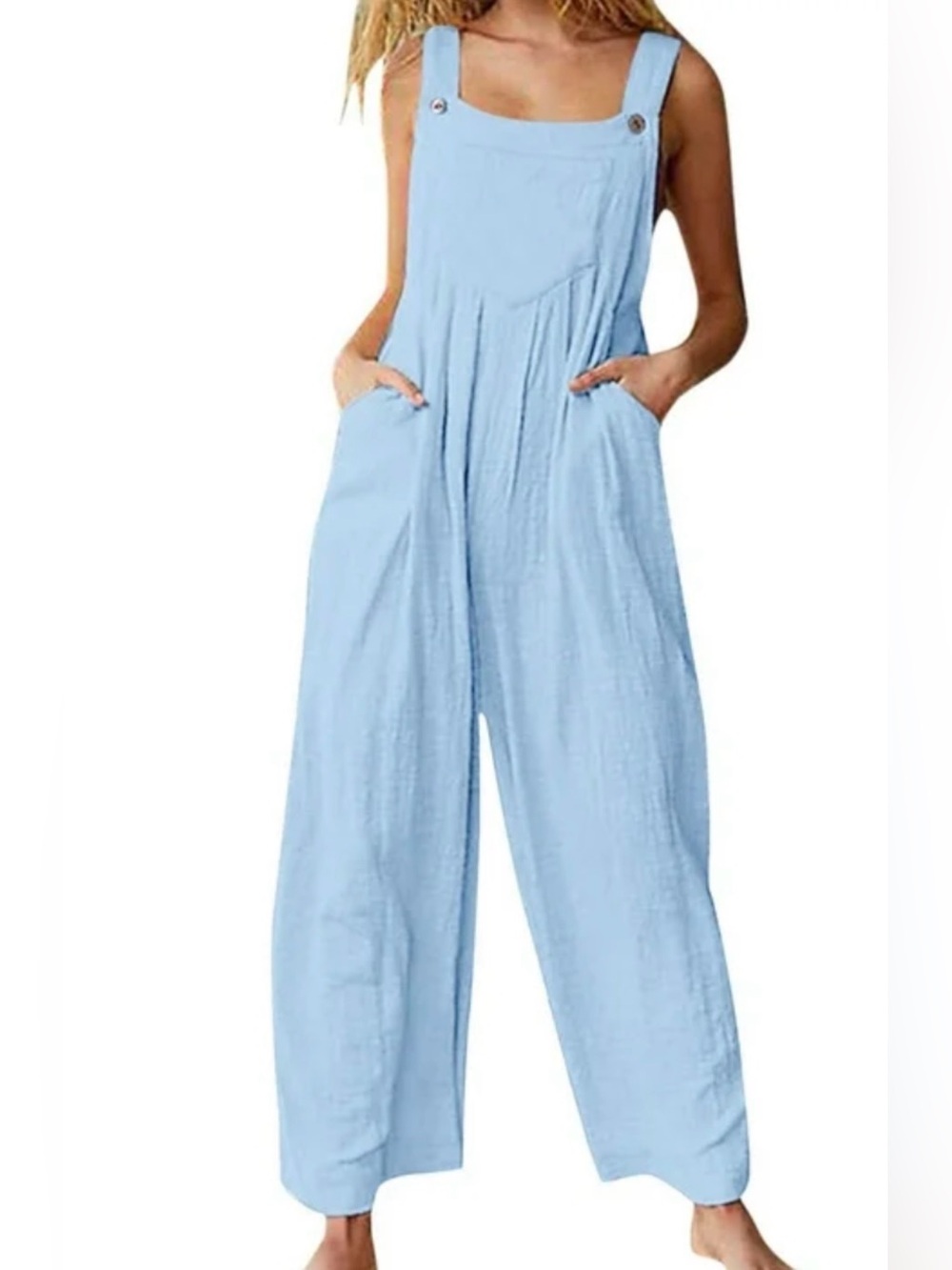 Boho Cotton Bib Overalls Blue Wide-Leg Lightweight Jumpsuit with Pockets Medium